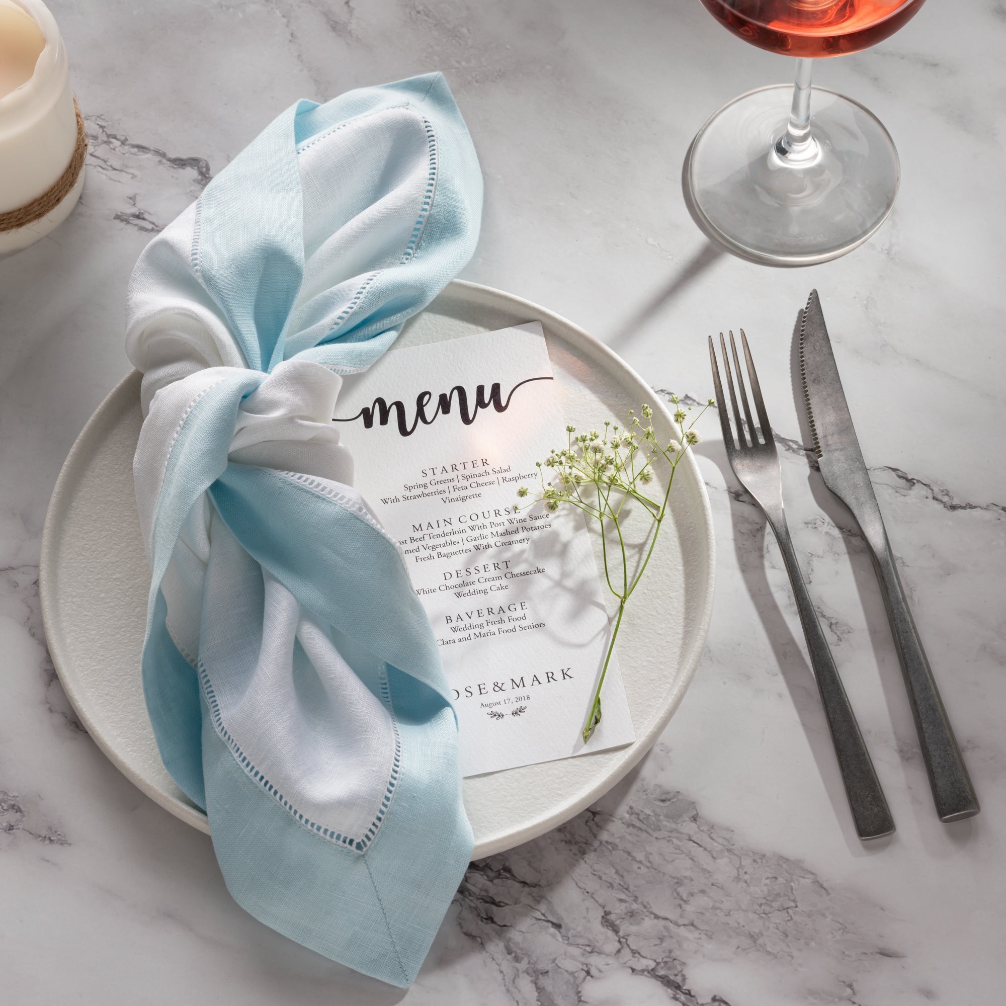 Luxe Hemstitch Bordered Linen Napkins - Set of 4, 20 X 20 inch - Multiple Colors