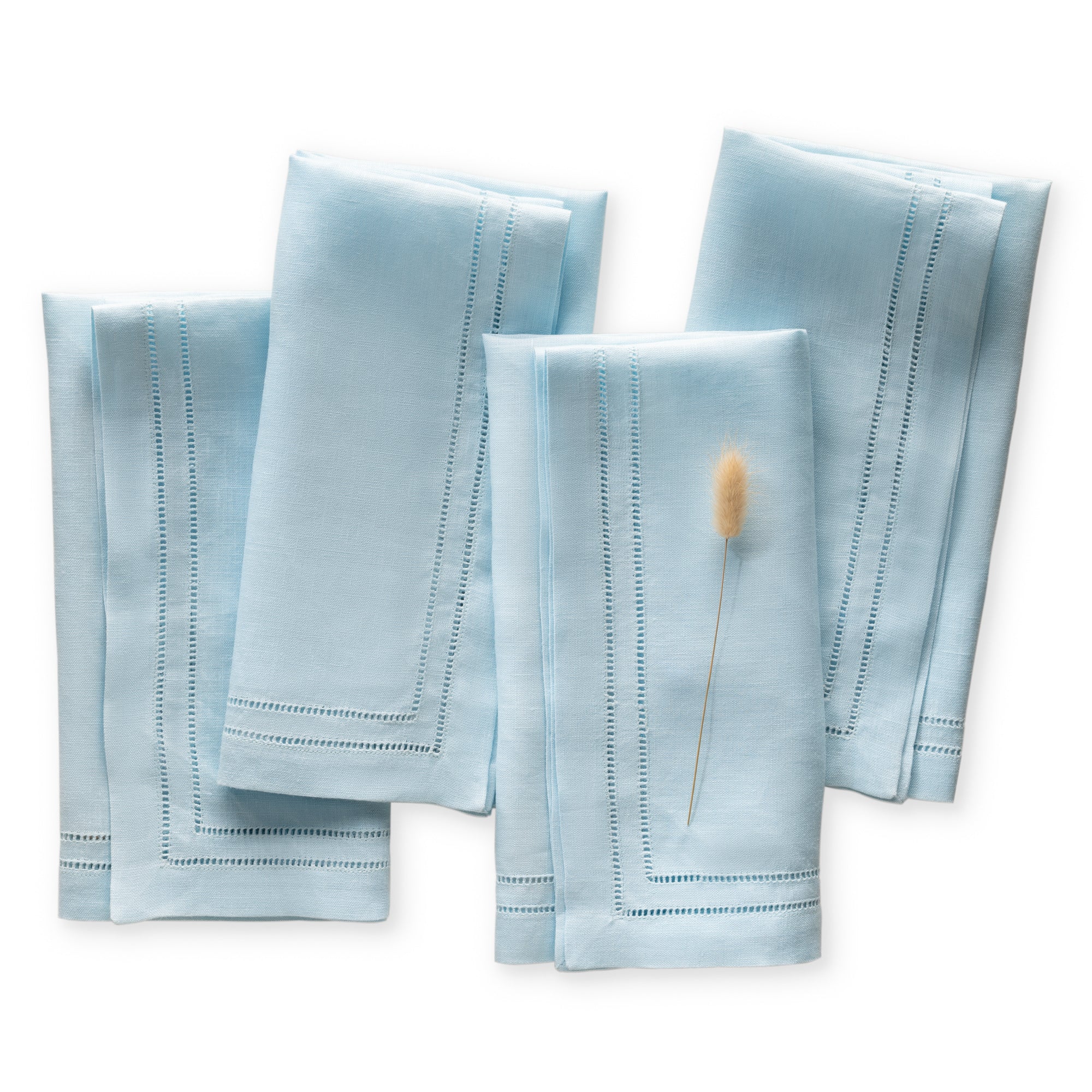 Set of 4 linen double hemstitch napkins with elegance double hemstitched lines are handmade from 100% French flax linen. Featuring in light sky blue color, size 20 x 20 inch.