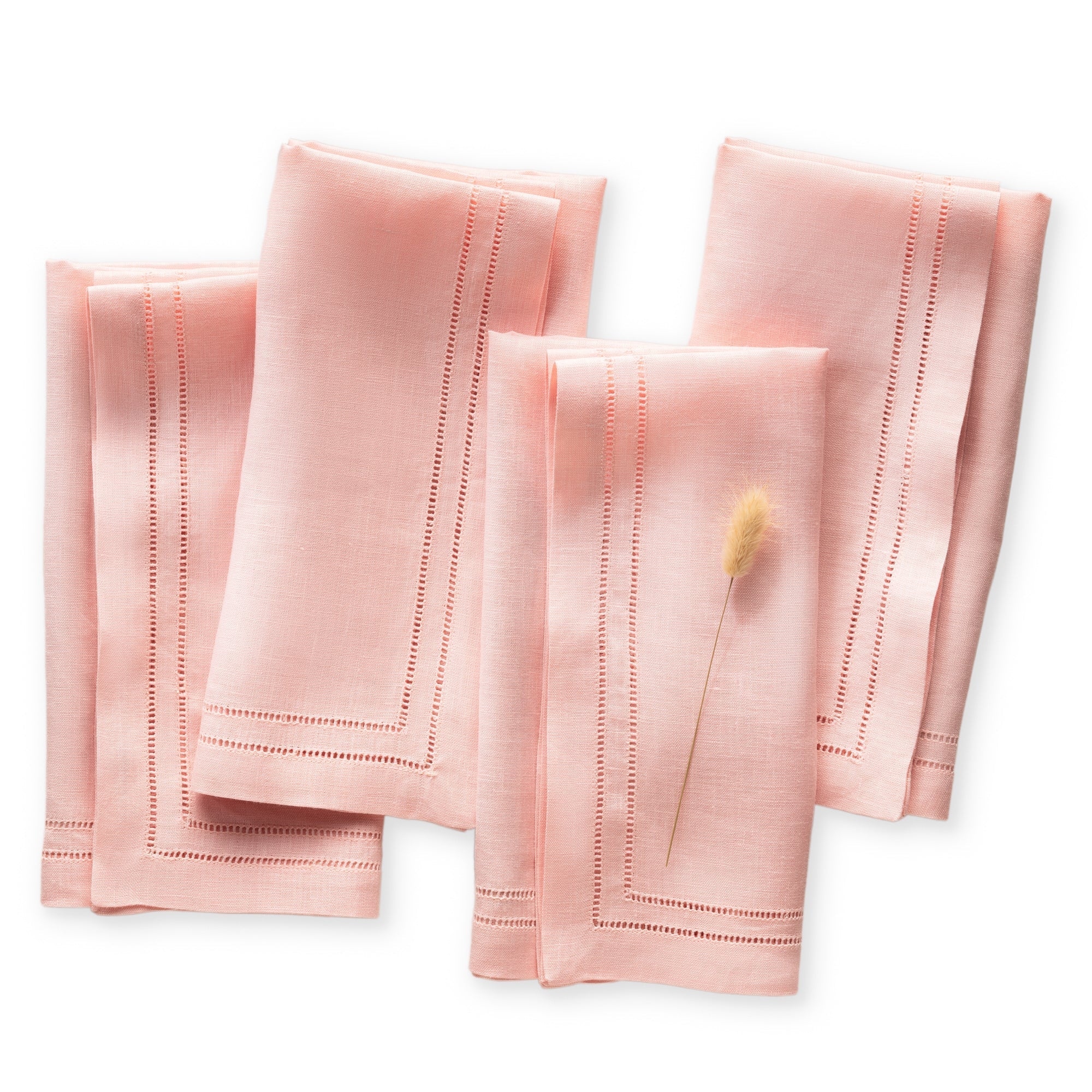 Set of 4 linen double hemstitch napkins with elegance double hemstitched lines are handmade from 100% French flax linen. Featuring in blush pink color, size 20 x 20 inch.