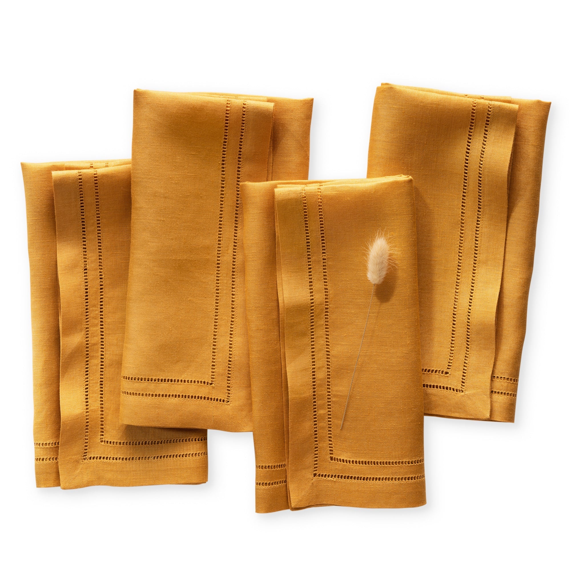 Set of 4 linen double hemstitch napkins with elegance double hemstitched lines are handmade from 100% French flax linen. Featuring in mustard yellow color, size 20 x 20 inch.