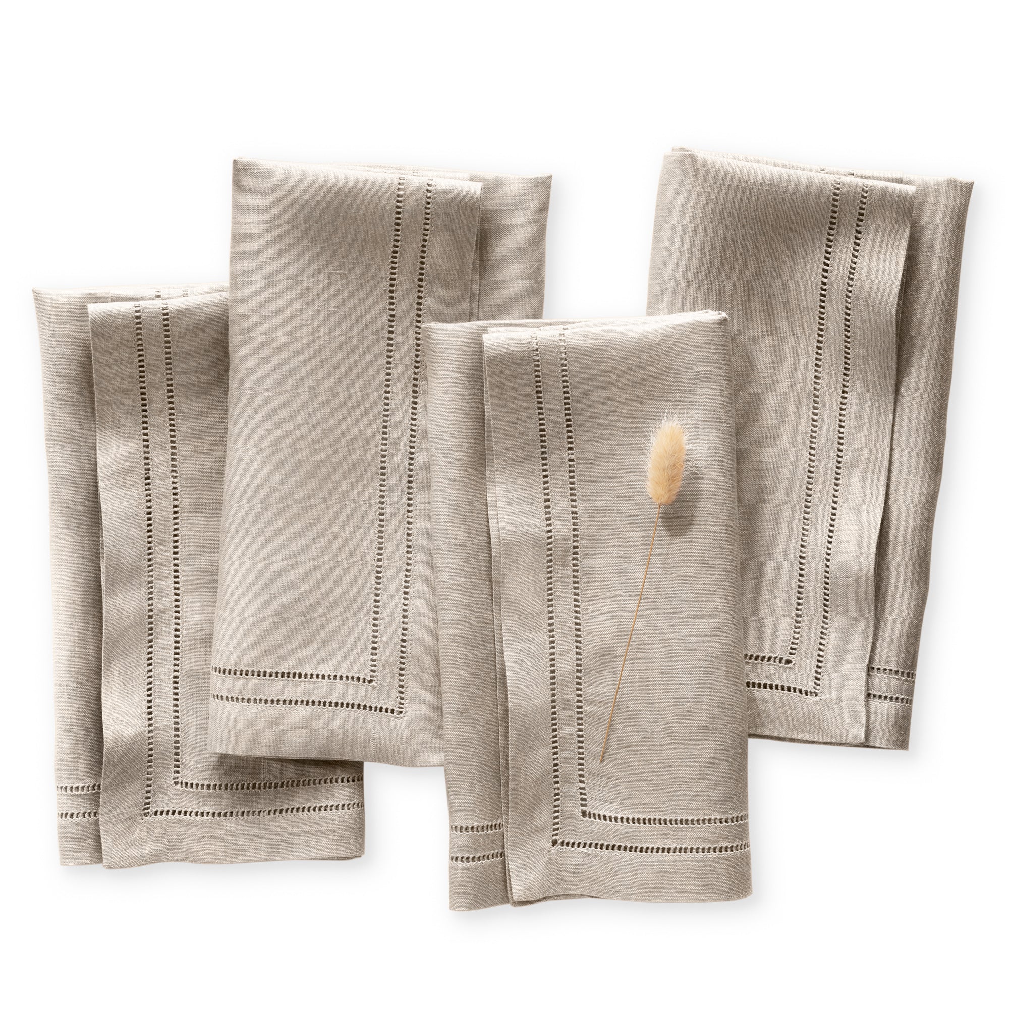 Set of 4 linen double hemstitch napkins with elegance double hemstitched lines are handmade from 100% French flax linen. Featuring in natural oatmeal color, size 20 x 20 inch.
