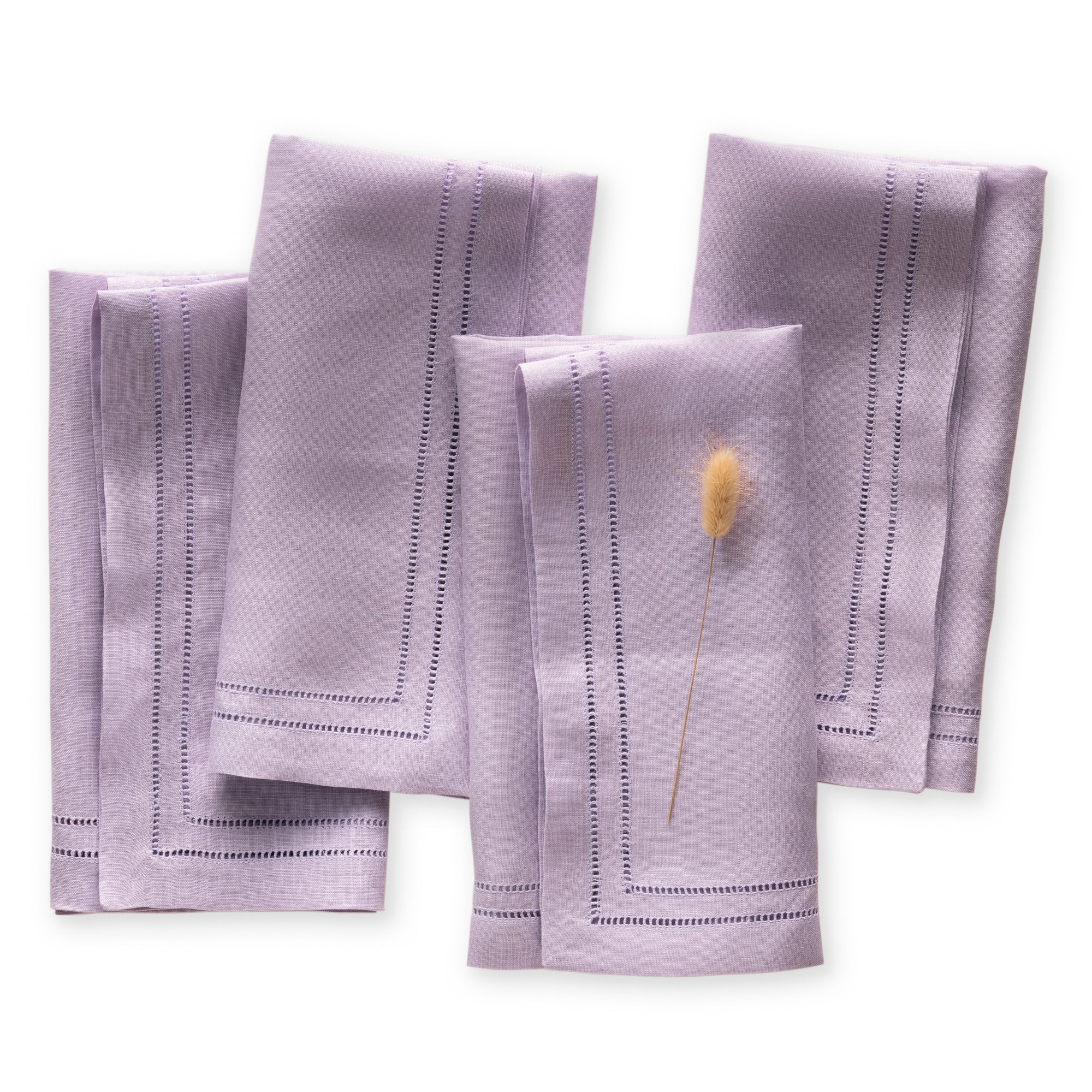 Set of 4 linen double hemstitch napkins with elegance double hemstitched lines are handmade from 100% French flax linen. Featuring in purple color, size 20 x 20 inch.