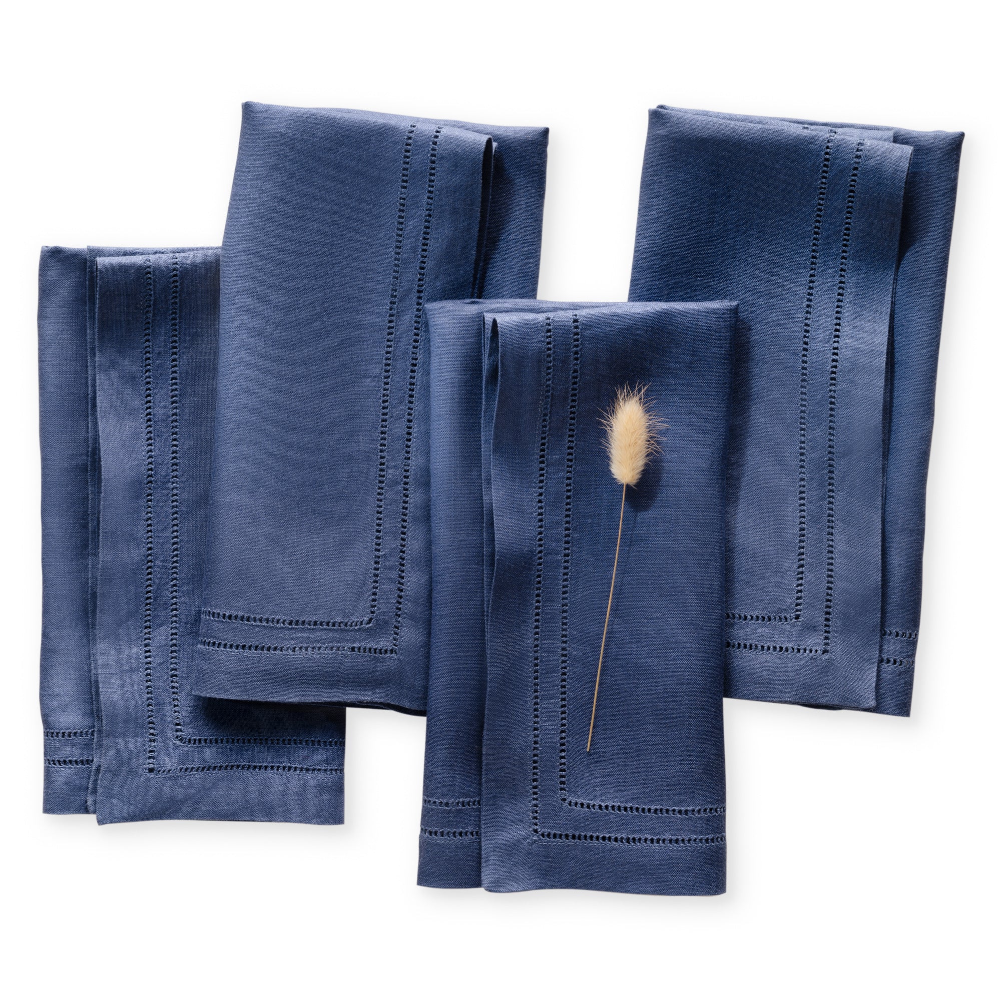 Set of 4 linen double hemstitch napkins with elegance double hemstitched lines are handmade from 100% French flax linen. Featuring in navy blue color, size 20 x 20 inch.