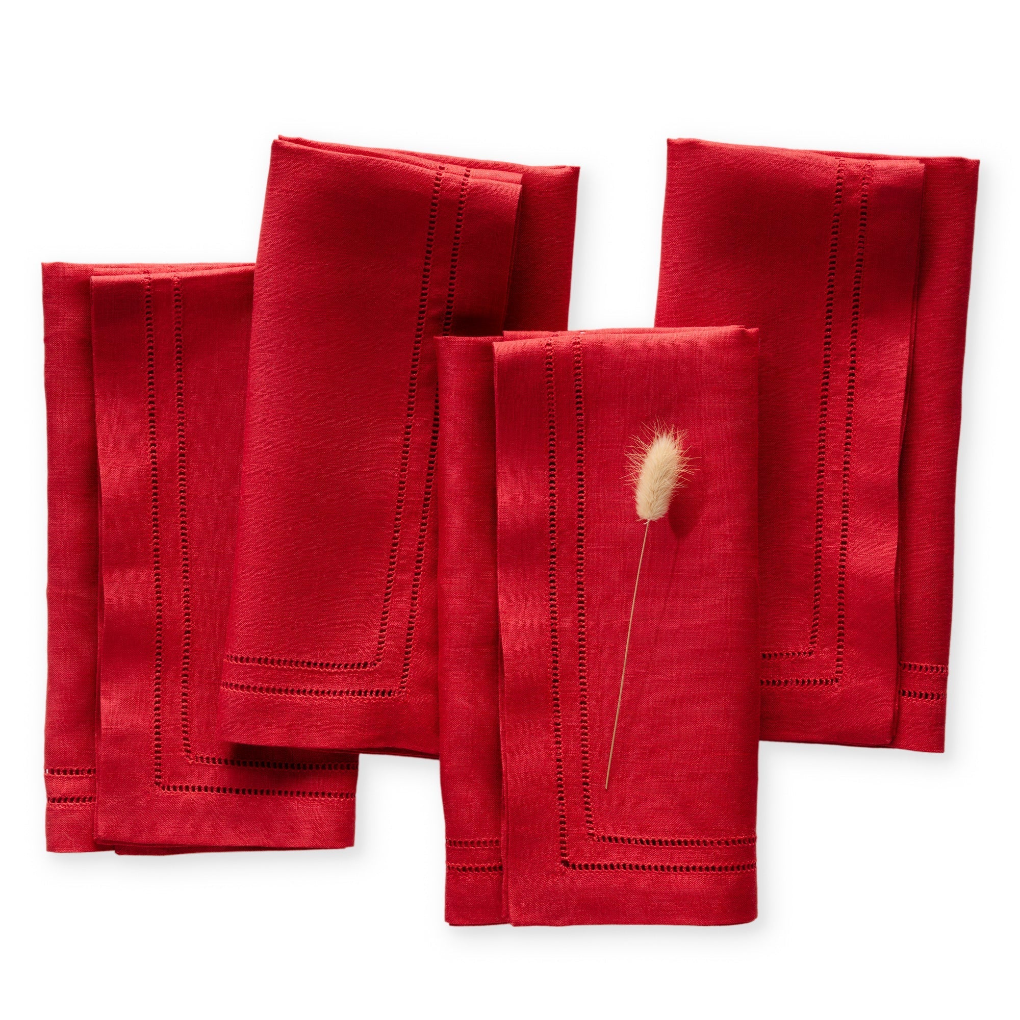 Set of 4 linen double hemstitch napkins with elegance double hemstitched lines are handmade from 100% French flax linen. Featuring in red, size 20 x 20 inch.