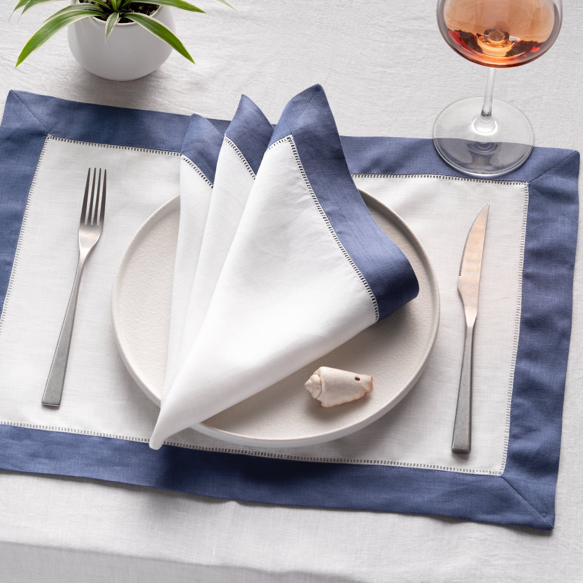 Luxe Hemstitch Bordered Linen Placemats - Set of 4, 14 X 19 inch - Multiple Colors