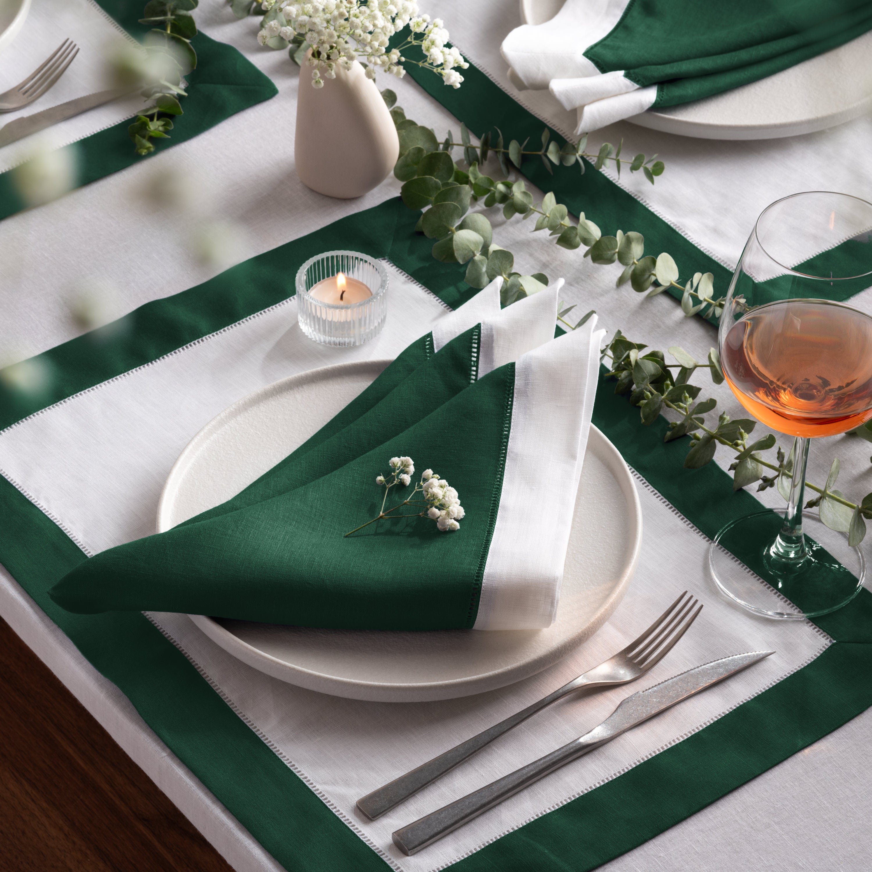 Luxe Hemstitch Bordered Linen Placemats - Set of 4, 14 X 19 inch - Multiple Colors