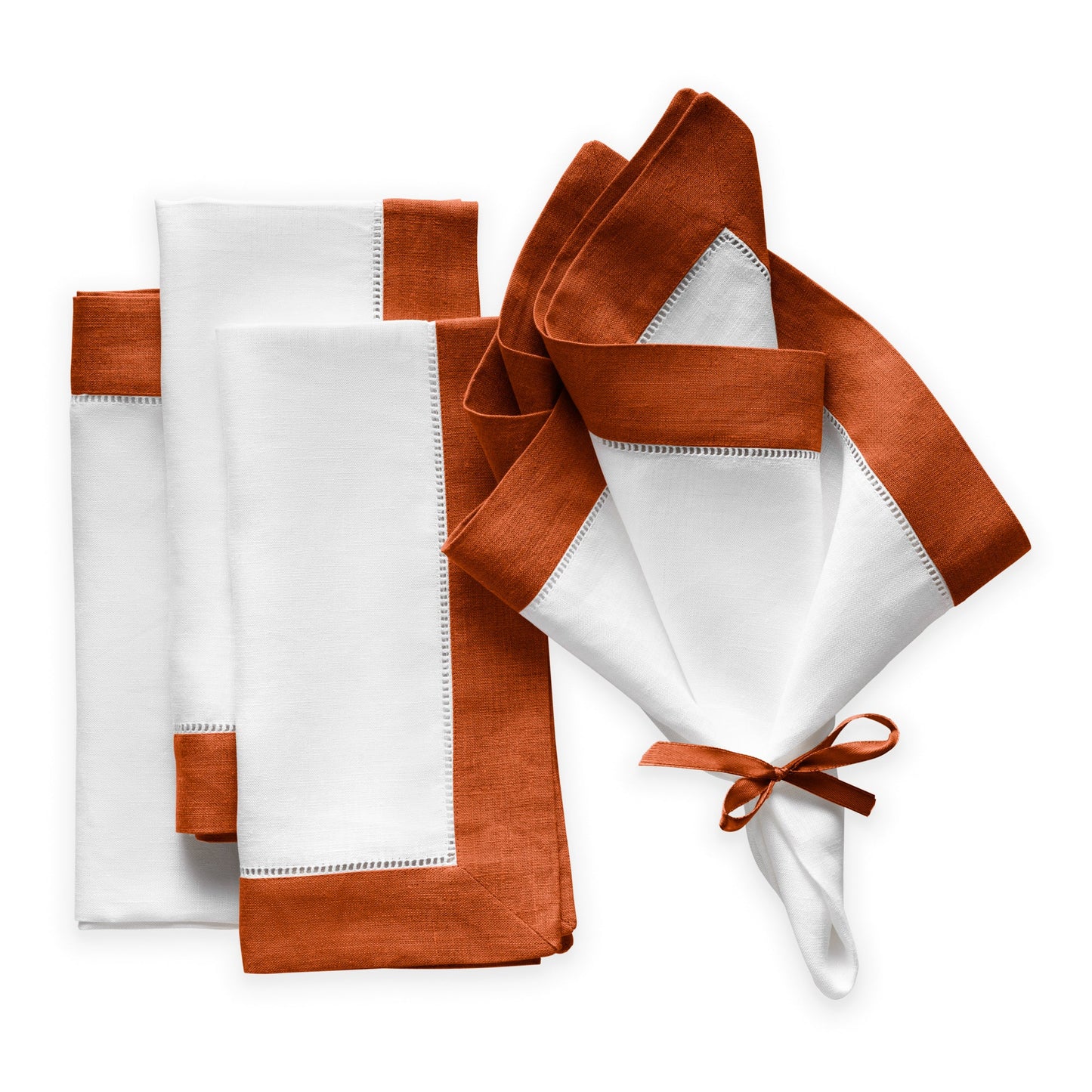 Luxe Hemstitched Bordered Linen Napkins, Red and White, Set of 4, 20 X  20 inch