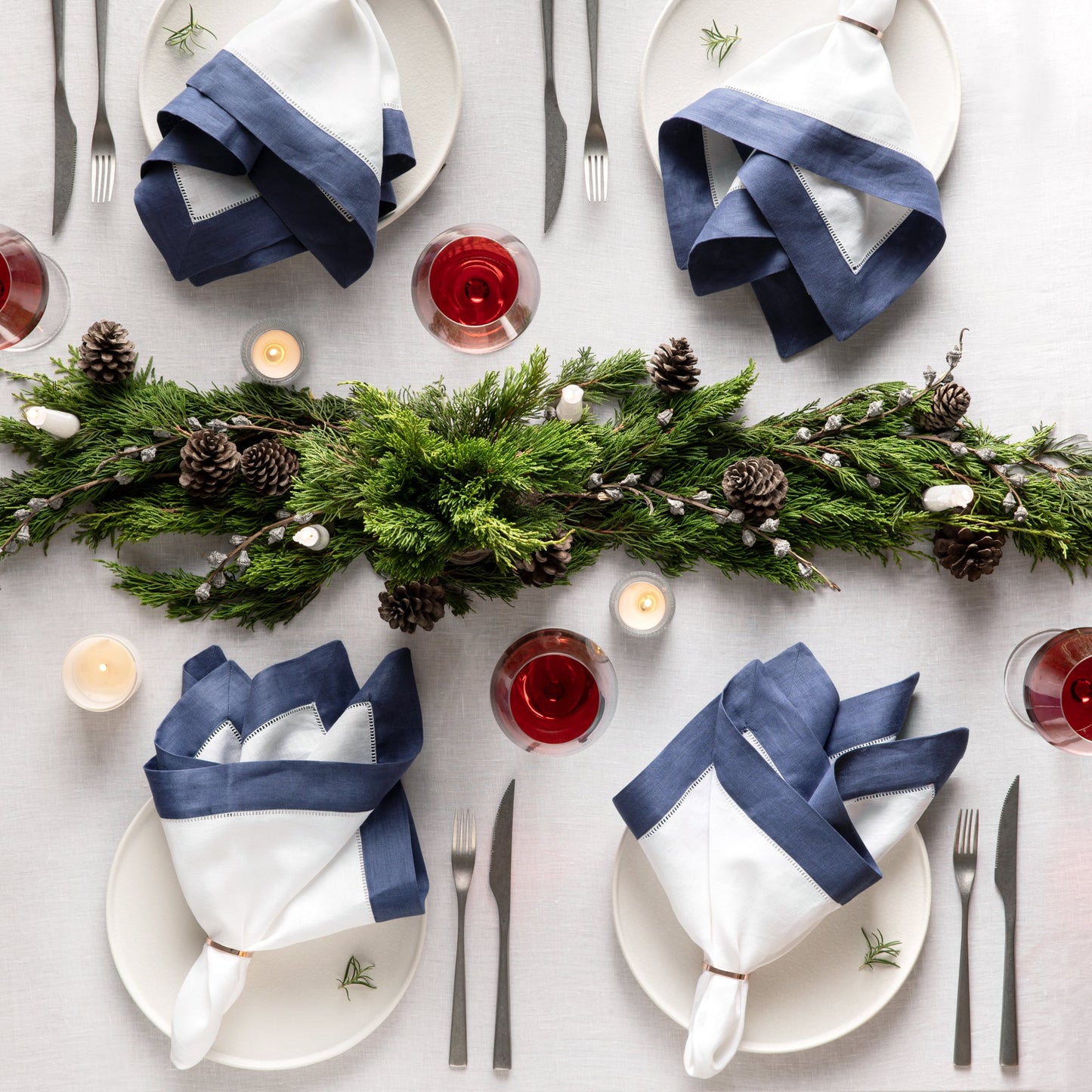 Christmas Linen Napkins - Red 18 x 18 inch, Set of 4 Hemstitch Dinner Napkins Cloth with Embroidered Dot - Christmas Cloth Napkins Handmade from