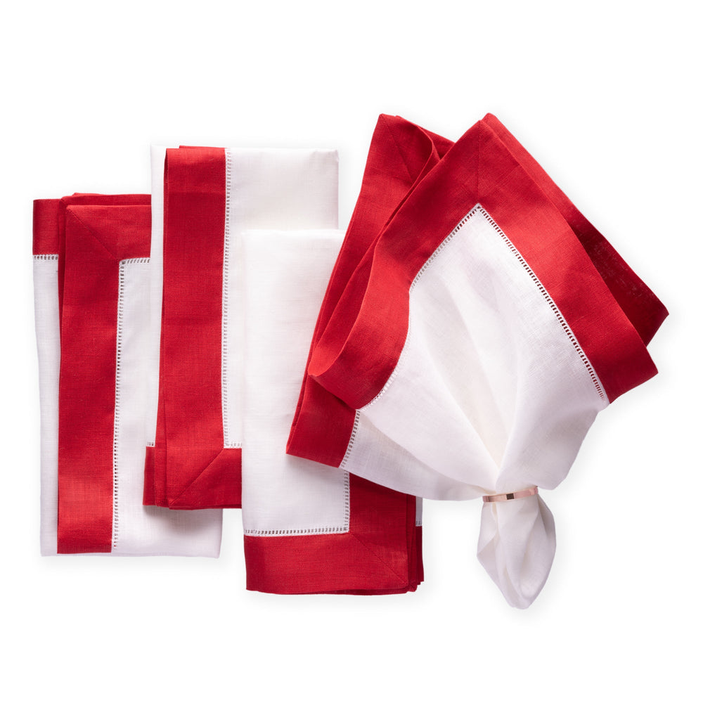 Luxe Hemstitched Bordered Linen Napkins, Red and White, Set of 4, 20 X  20 inch