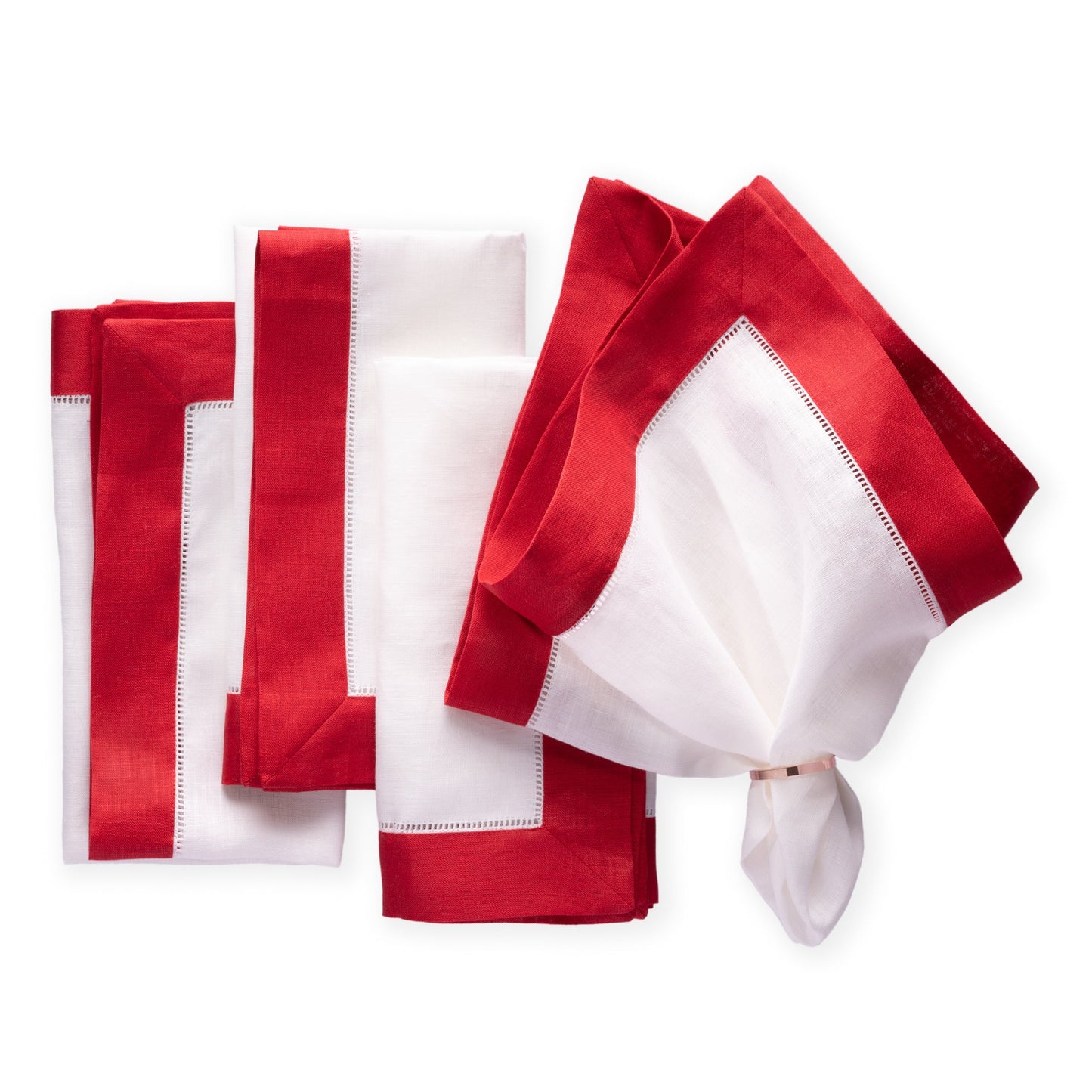 Luxe Hemstitched Bordered Linen Napkins, Red and White
